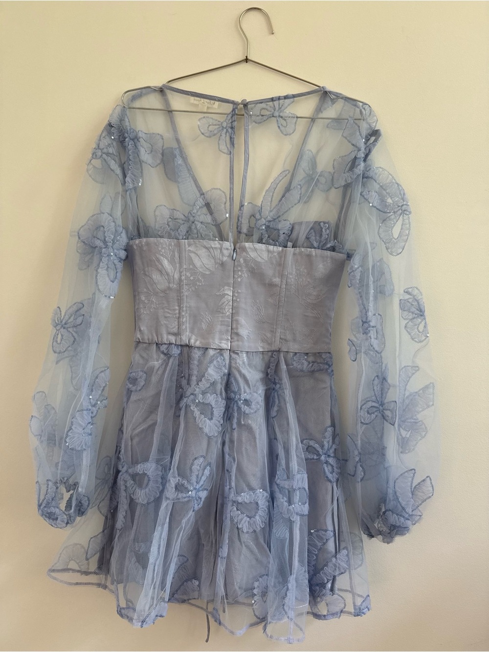 For Love & Lemons Pale Blue Floral Lace-Up Mesh Mini Dress - Picture 4 of 6